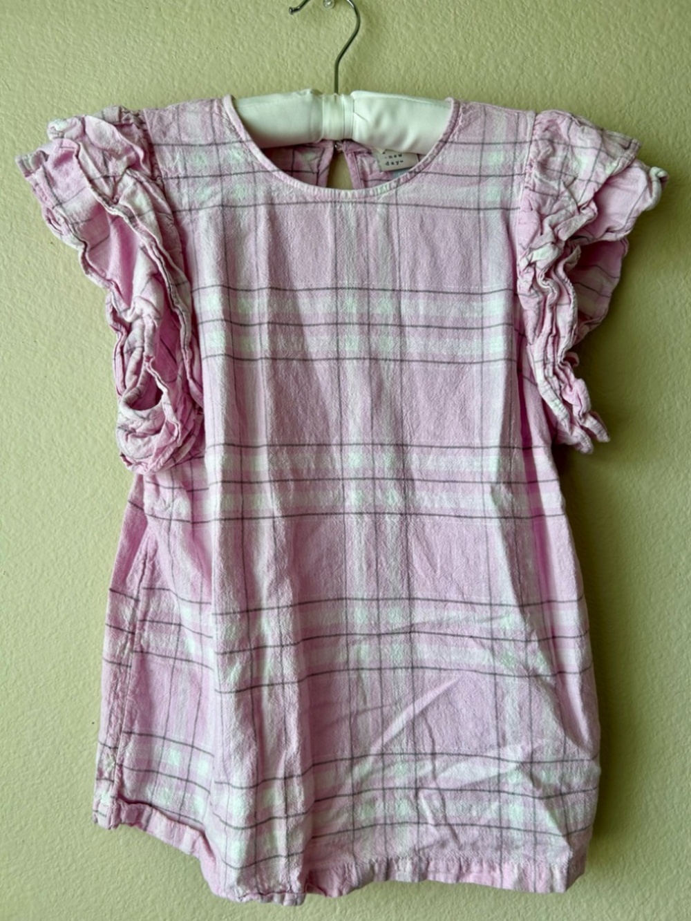 Short Sleeve Blouse Pink Gray White Plaid Double Ruffle Sleeve A New Day Small - Picture 12 of 12